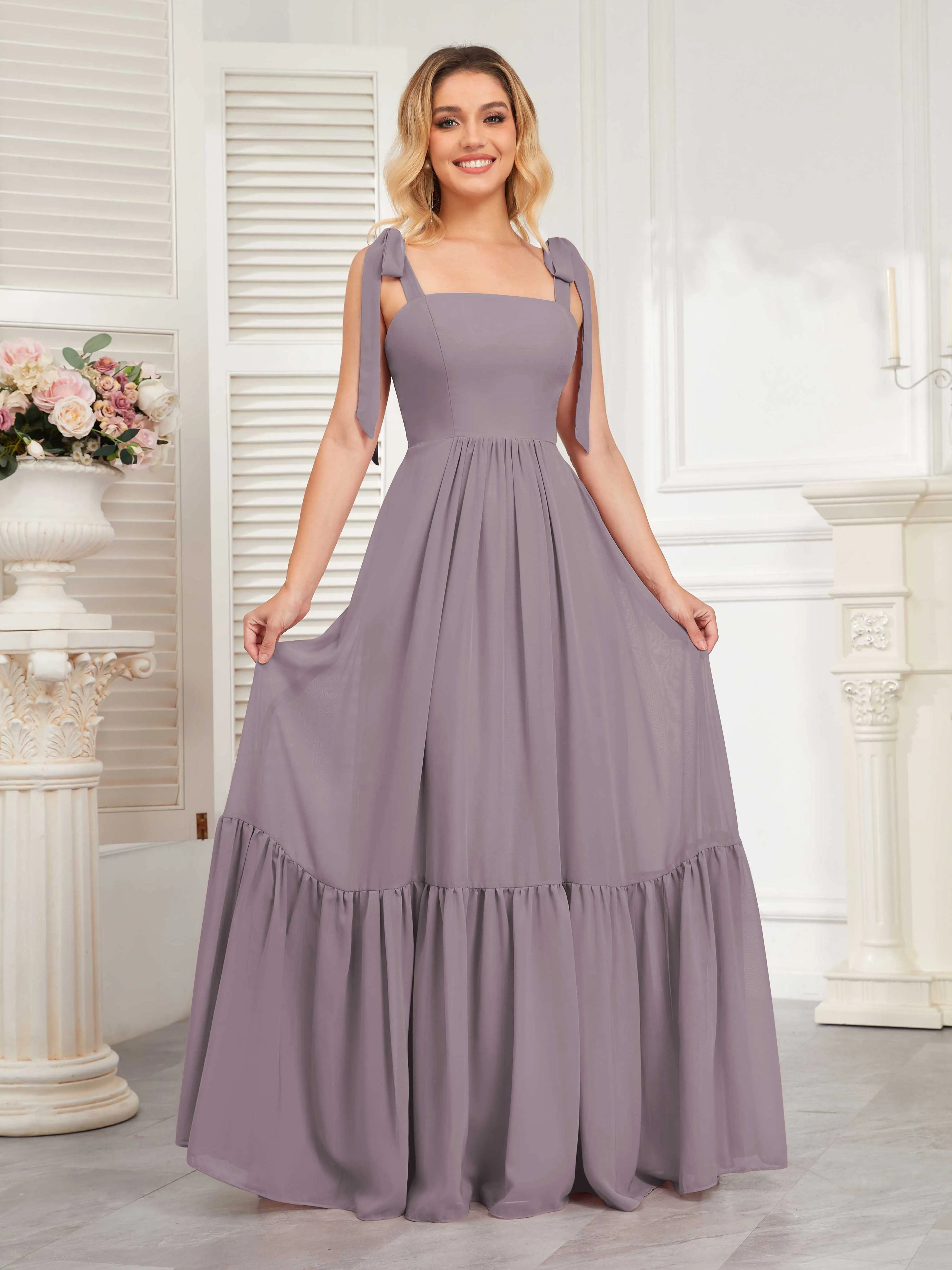 Aitana Flowing Square Neckline Long Chiffon Bridesmaid Dresses