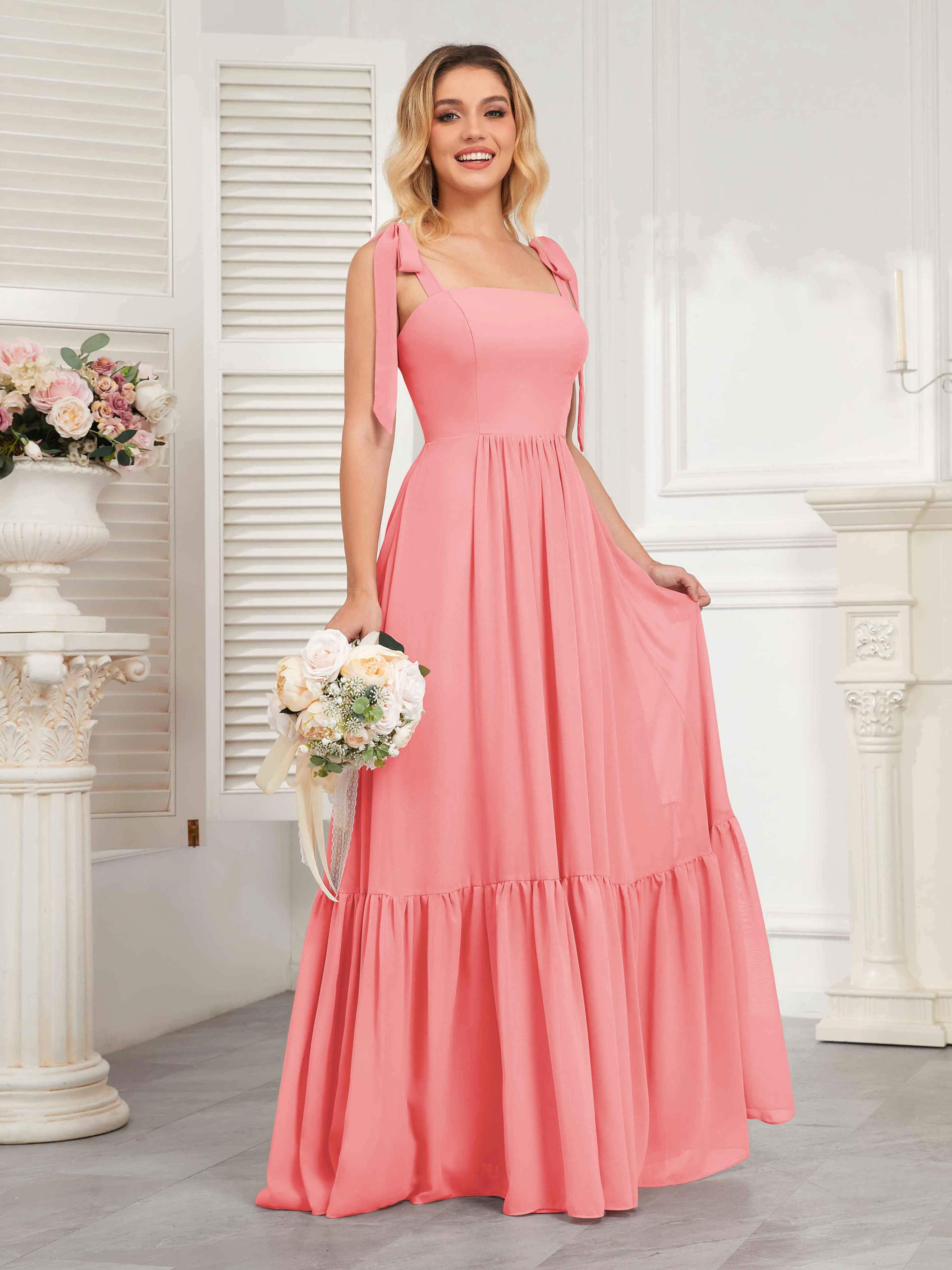 Aitana Flowing Square Neckline Long Chiffon Bridesmaid Dresses