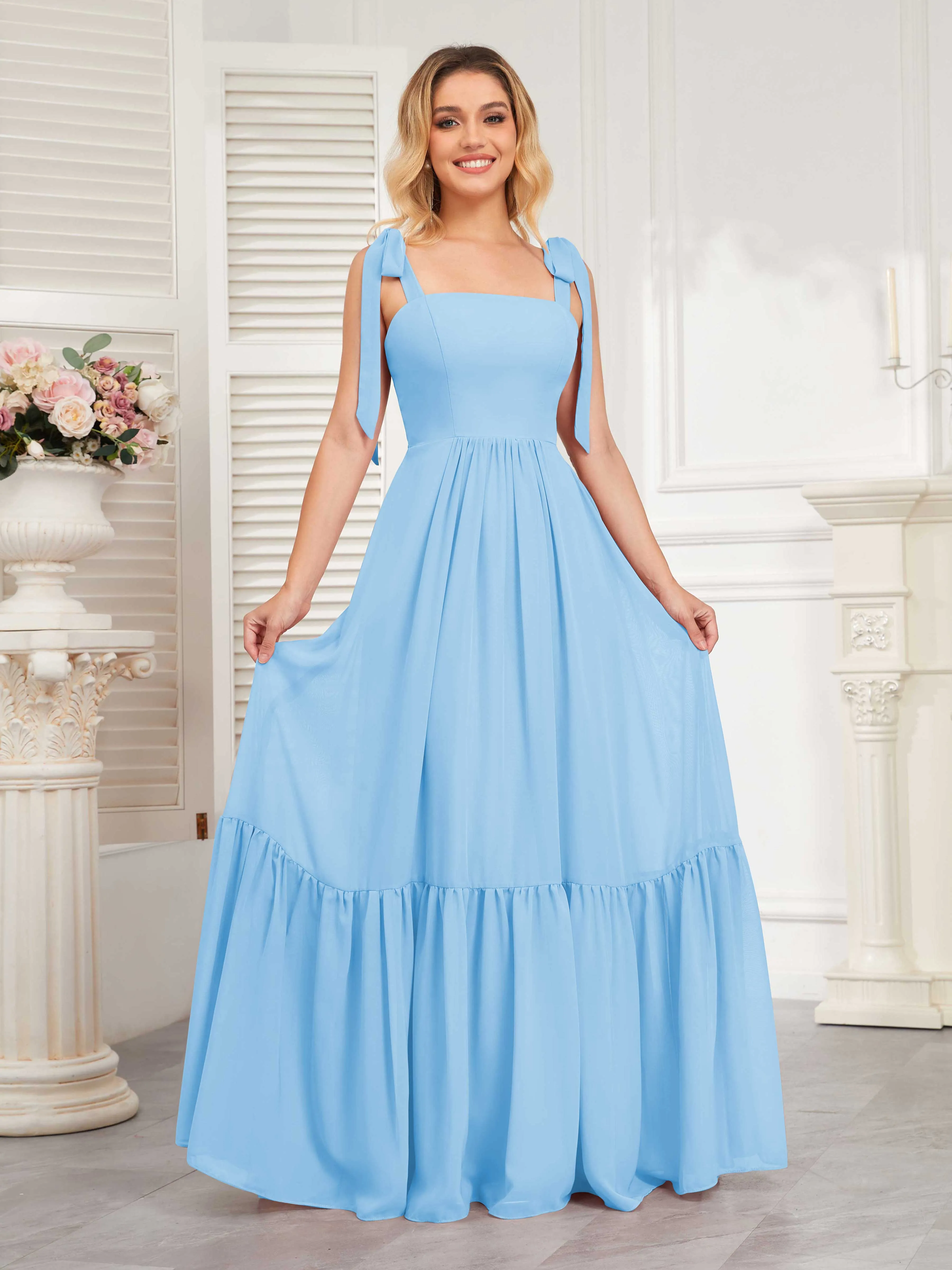 Aitana Flowing Square Neckline Long Chiffon Bridesmaid Dresses