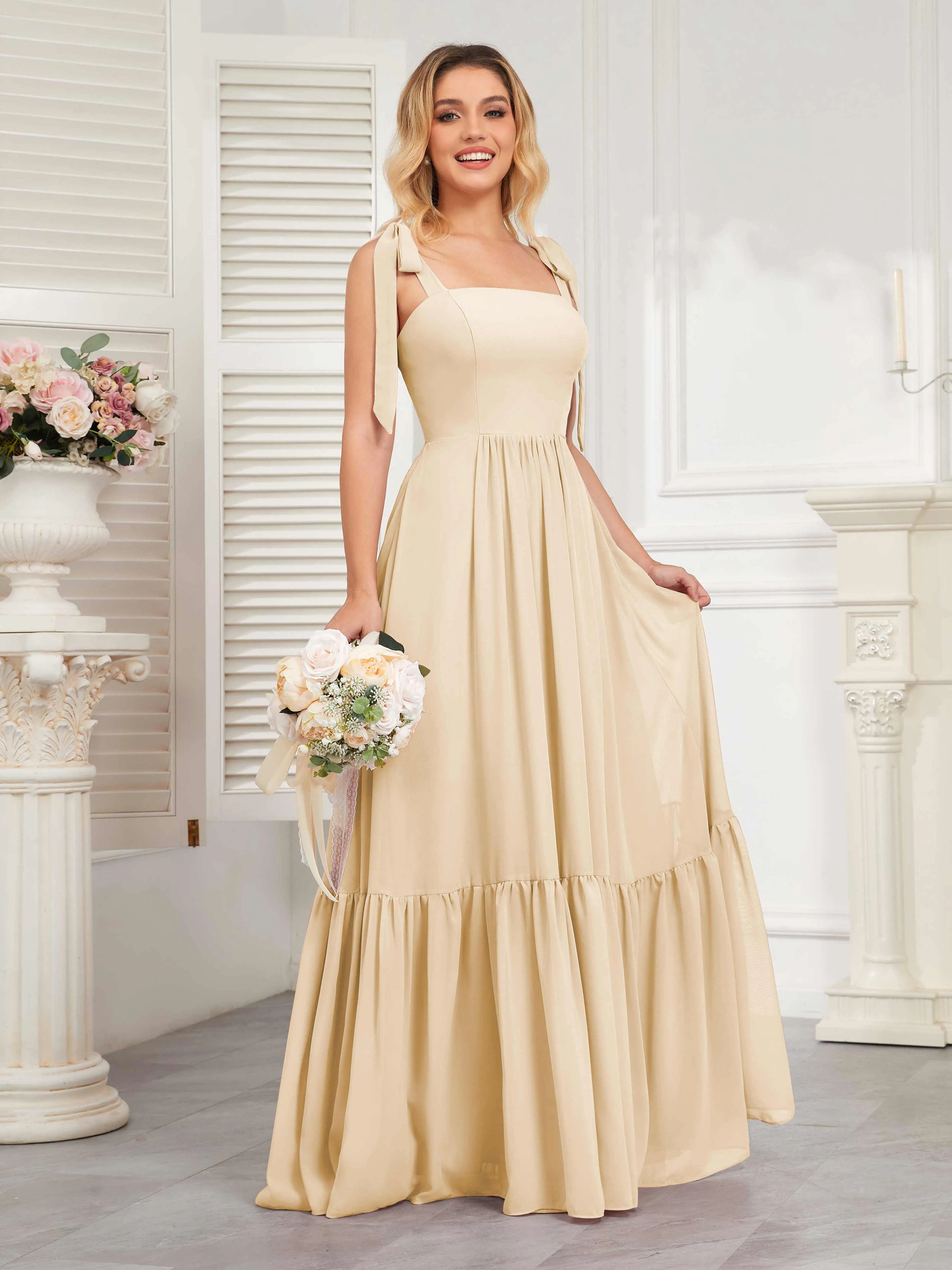 Aitana Flowing Square Neckline Long Chiffon Bridesmaid Dresses