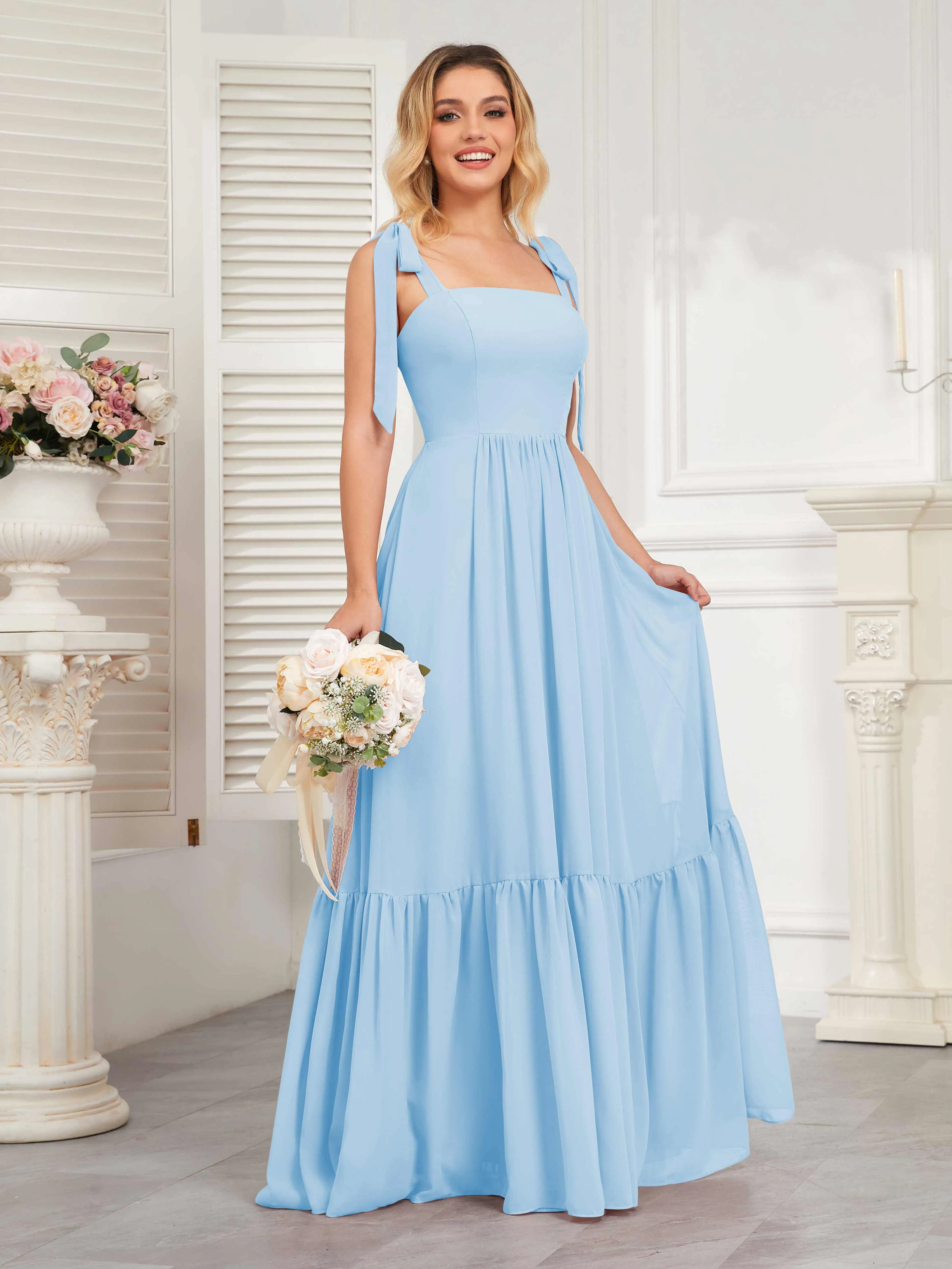 Aitana Flowing Square Neckline Long Chiffon Bridesmaid Dresses