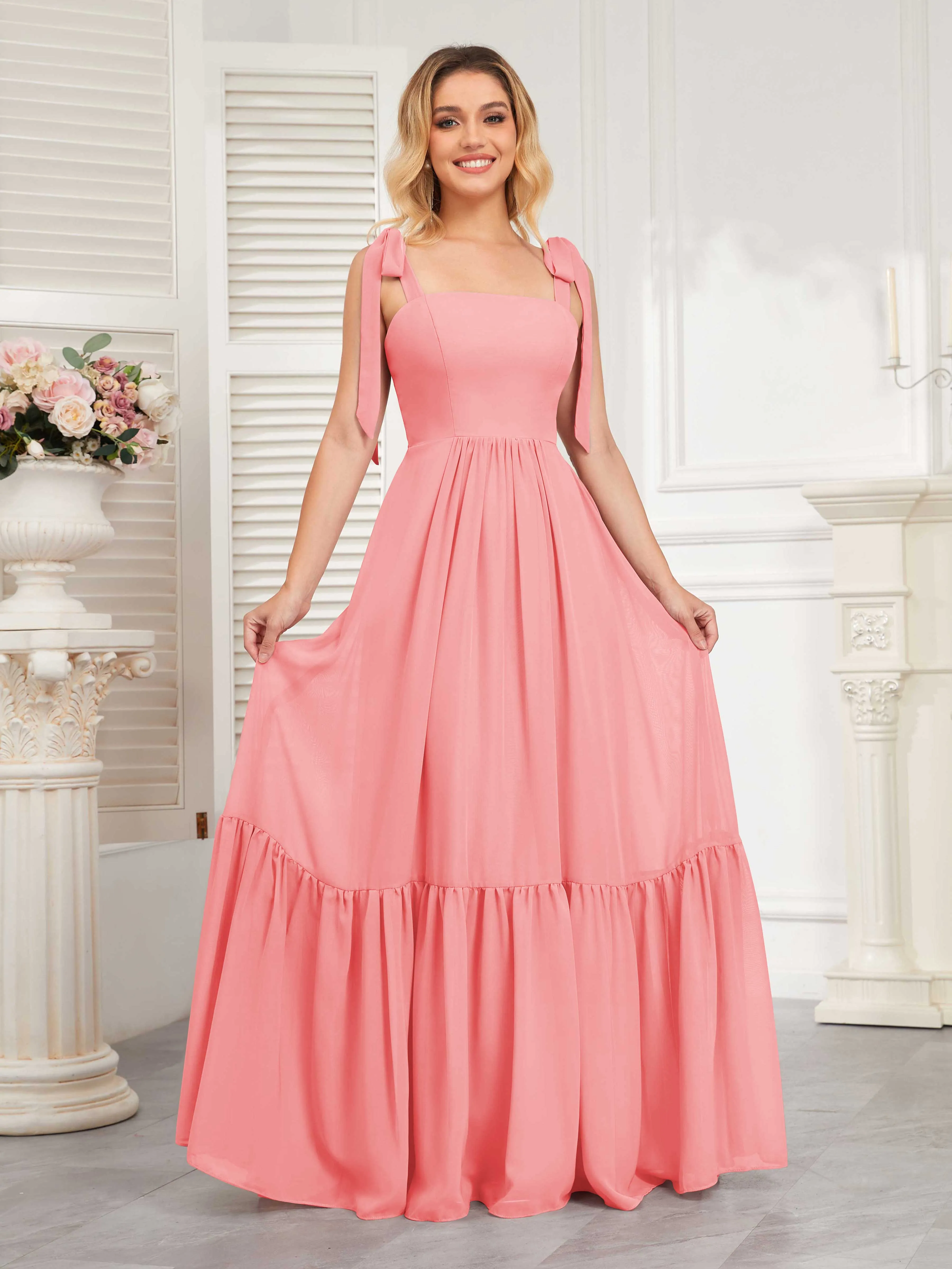 Aitana Flowing Square Neckline Long Chiffon Bridesmaid Dresses