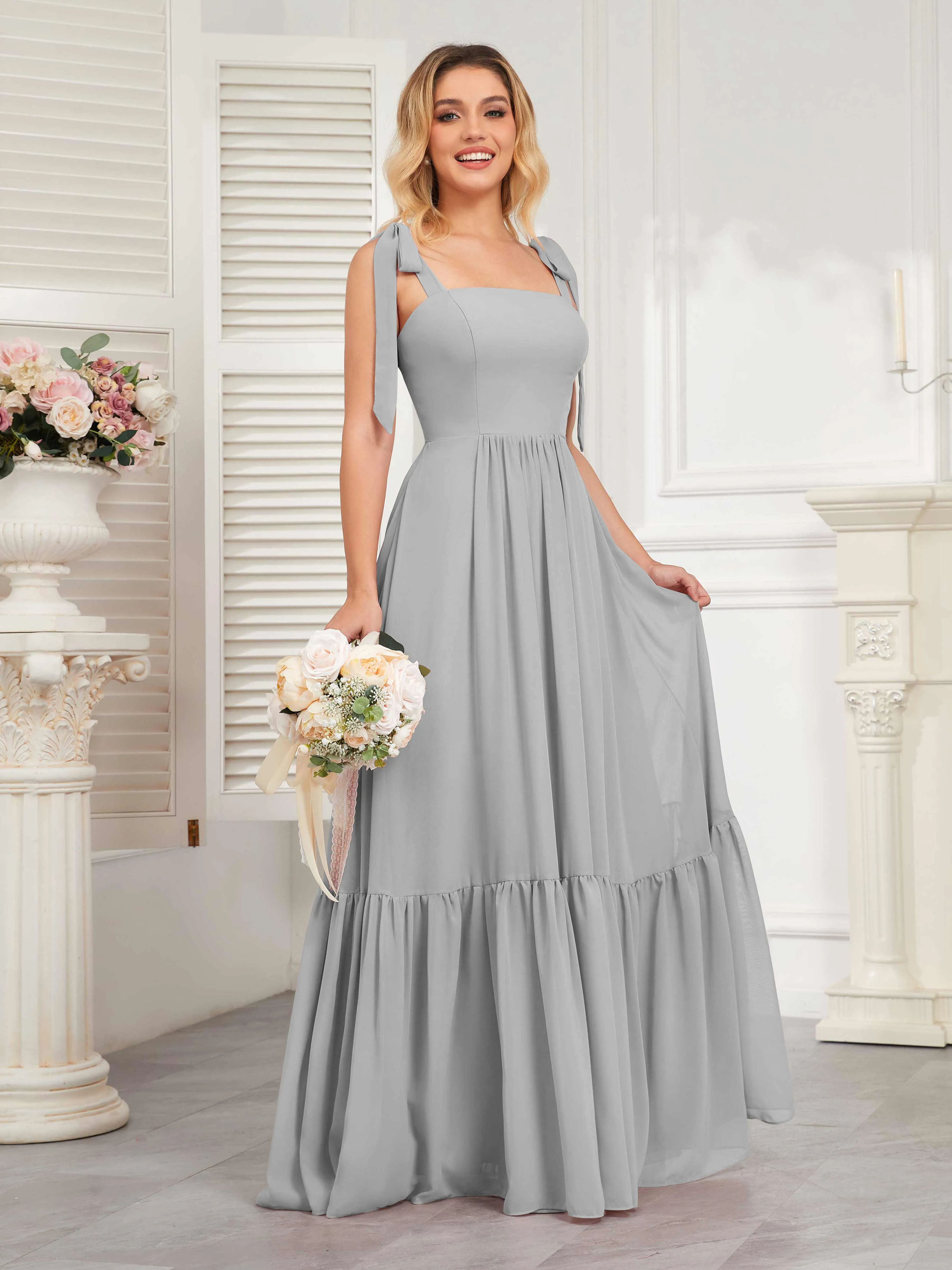 Aitana Flowing Square Neckline Long Chiffon Bridesmaid Dresses