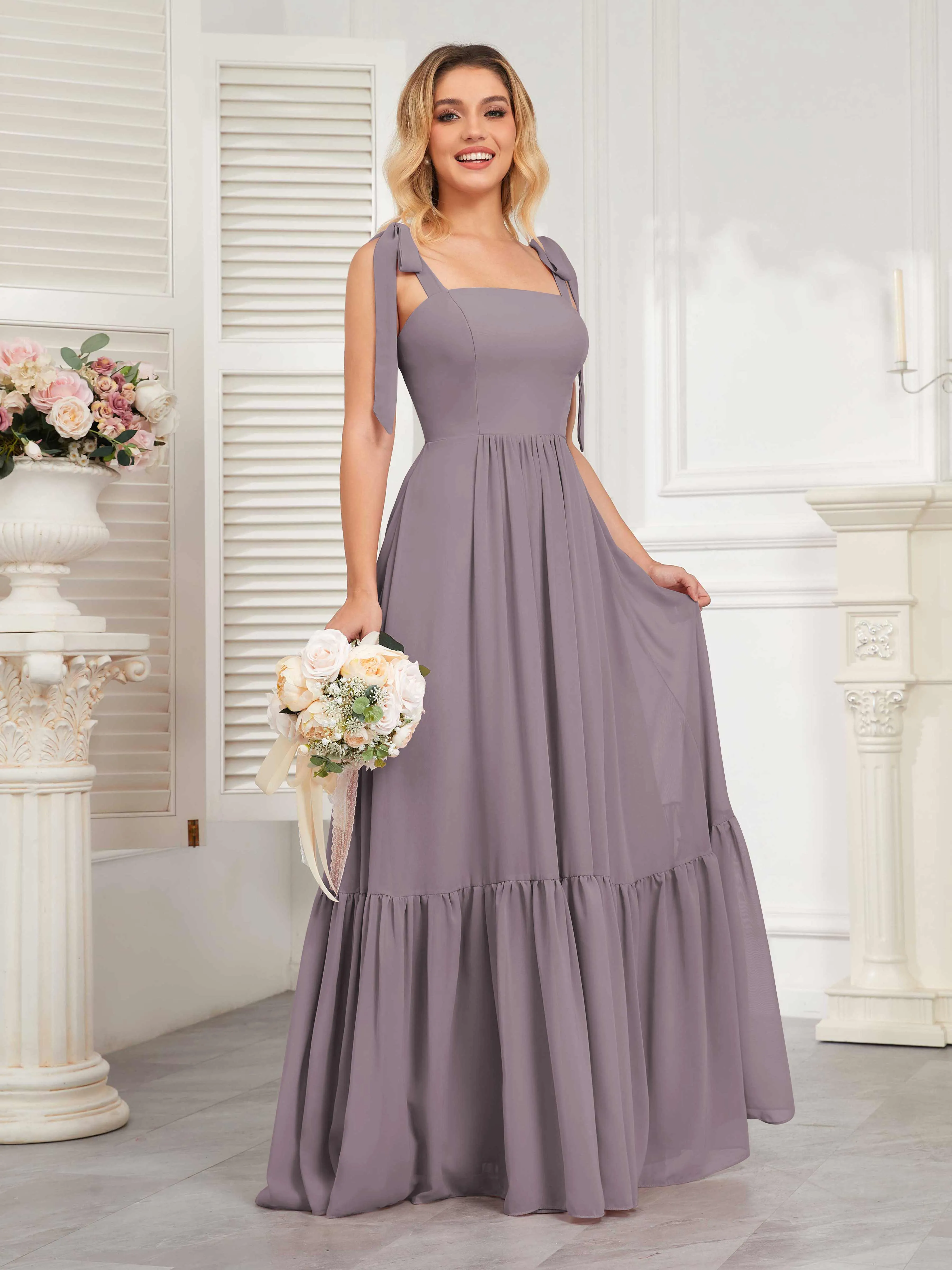 Aitana Flowing Square Neckline Long Chiffon Bridesmaid Dresses