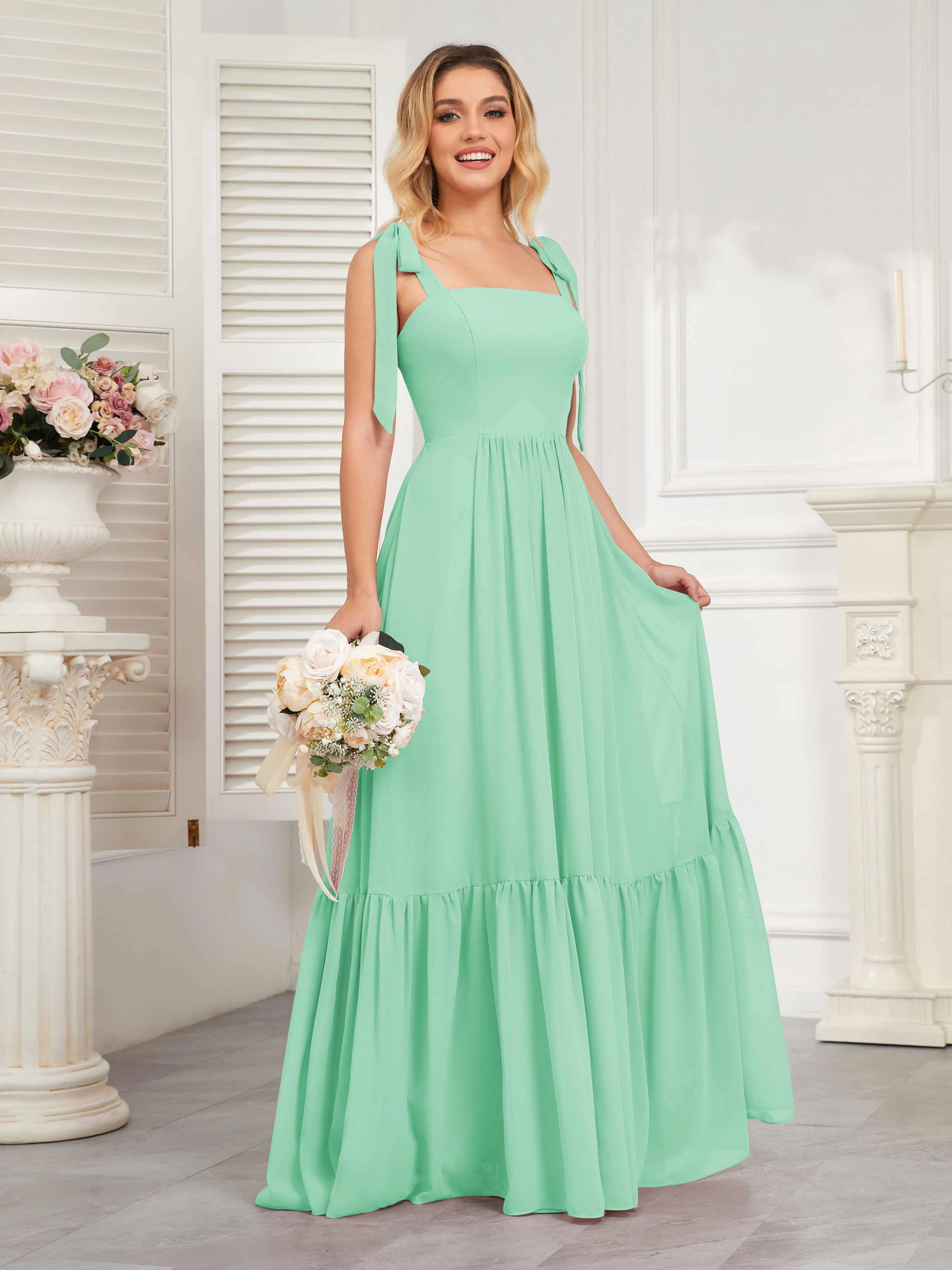 Aitana Flowing Square Neckline Long Chiffon Bridesmaid Dresses