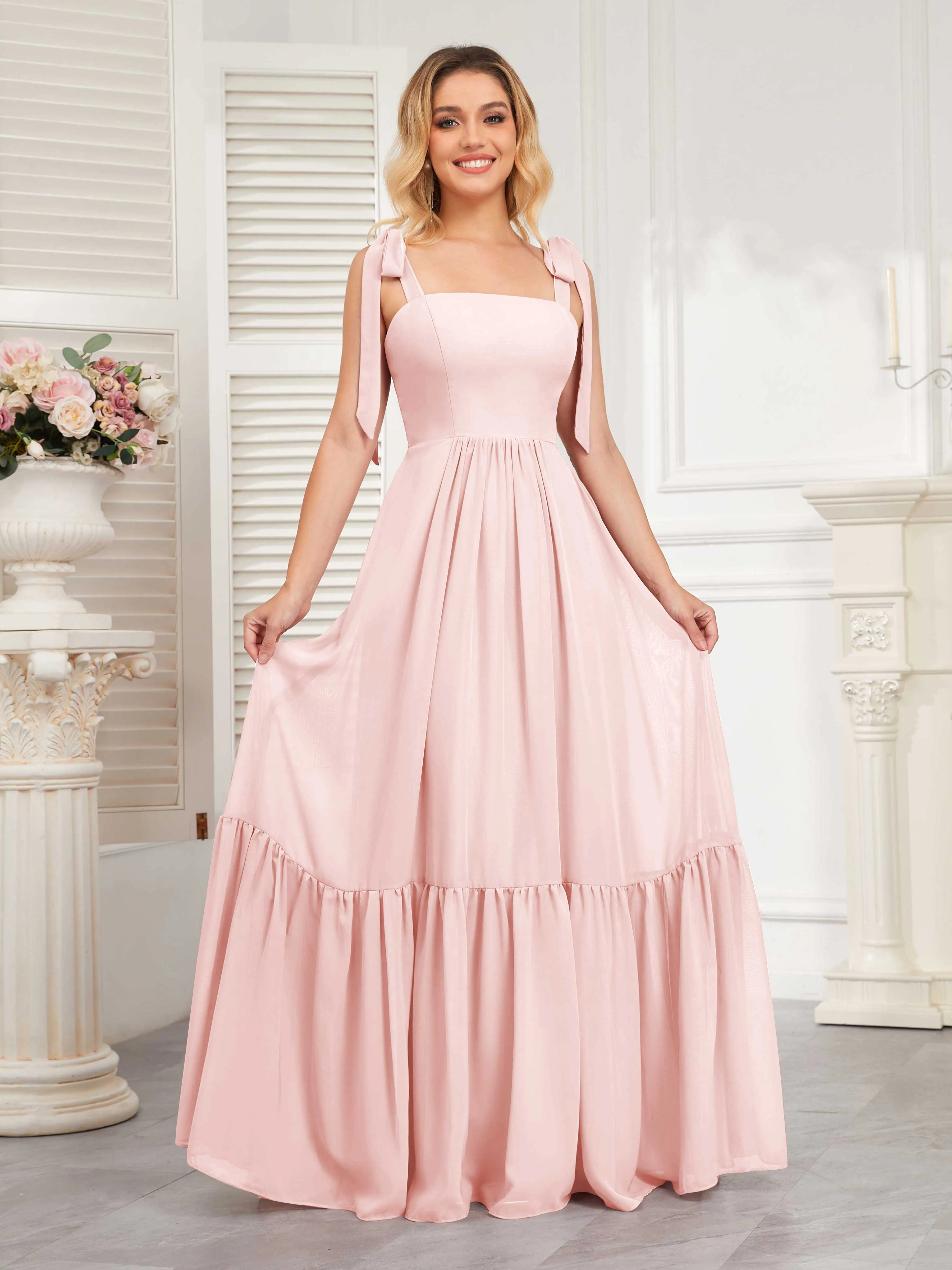 Aitana Flowing Square Neckline Long Chiffon Bridesmaid Dresses