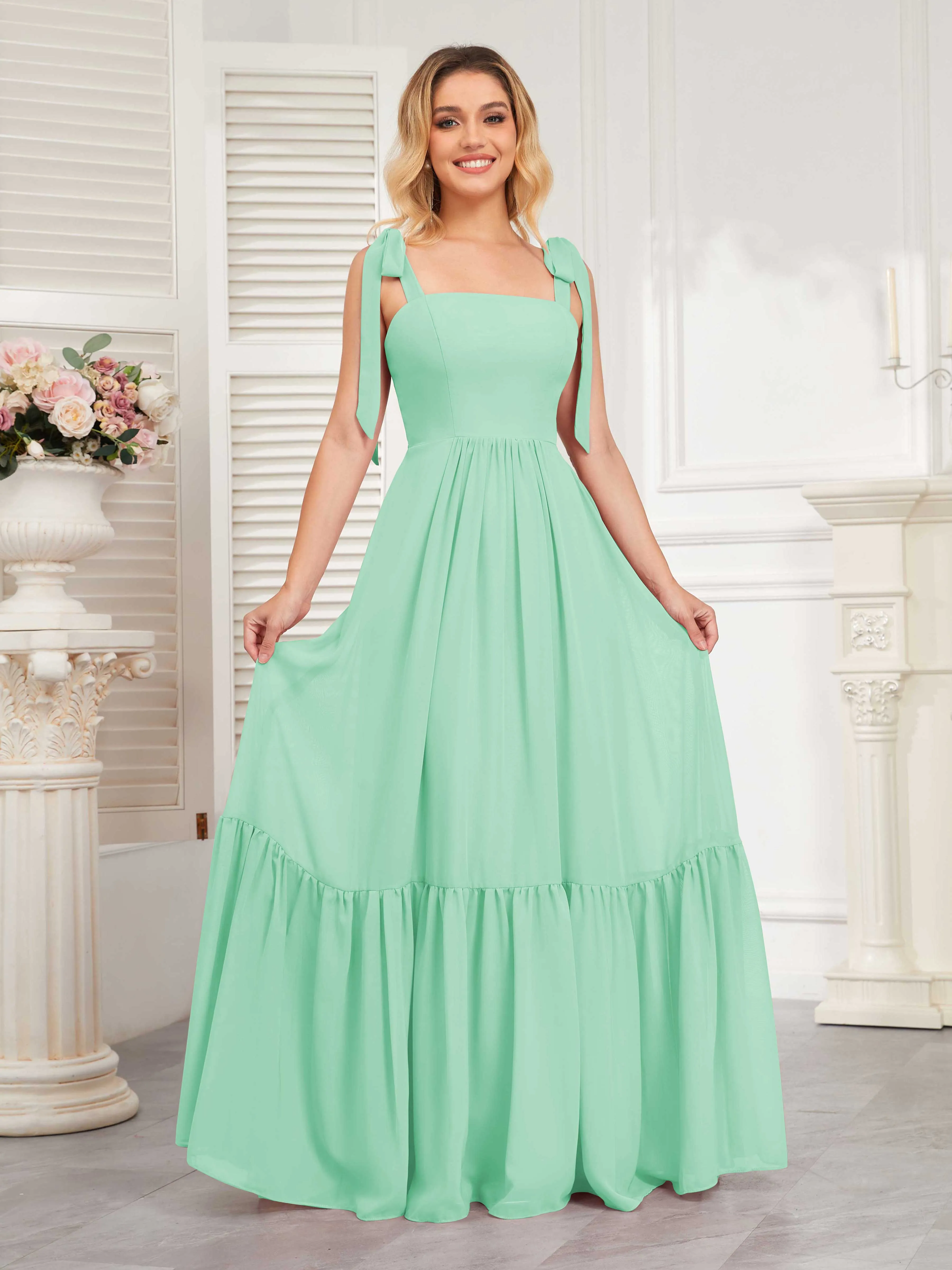 Aitana Flowing Square Neckline Long Chiffon Bridesmaid Dresses