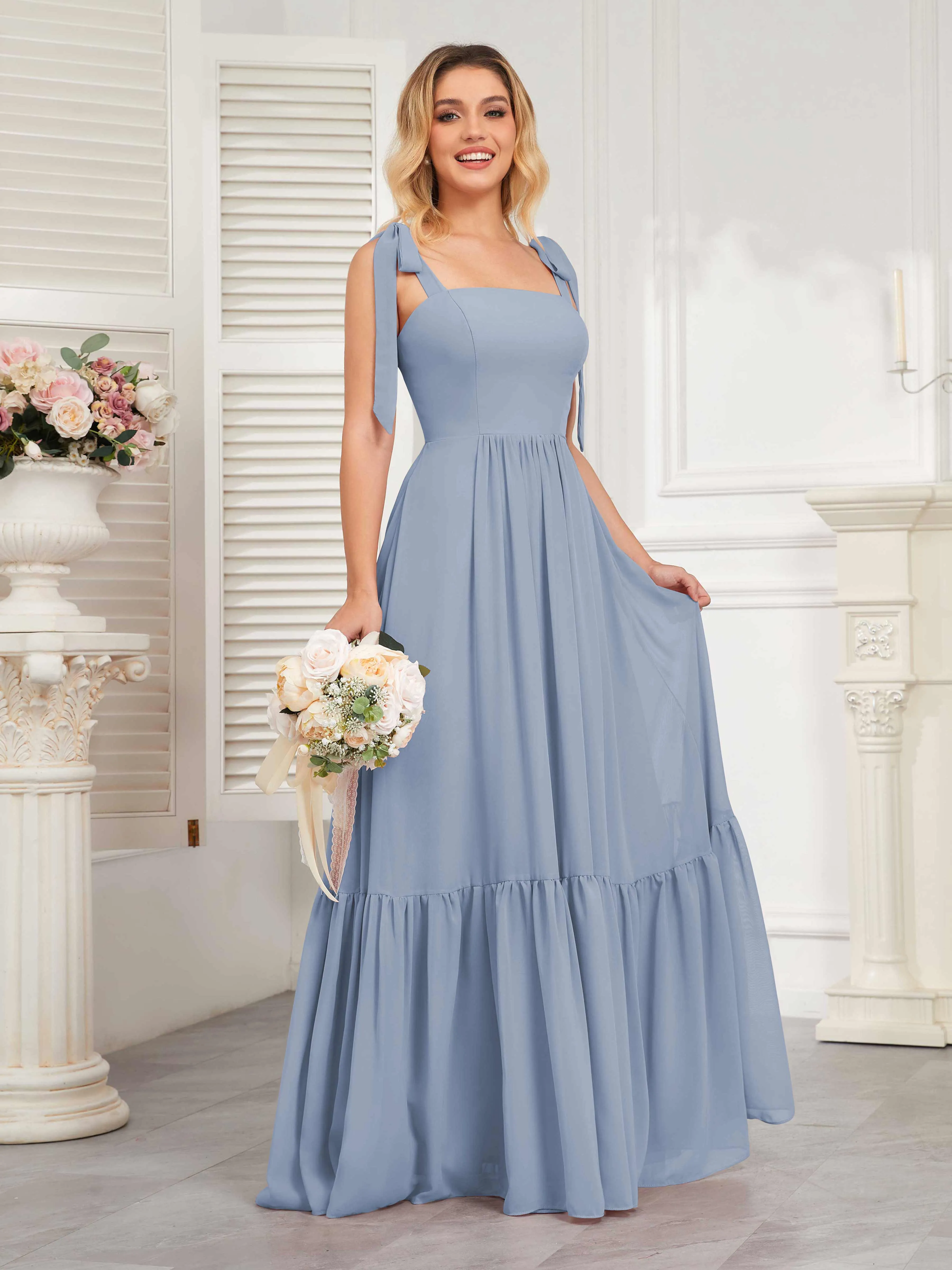 Aitana Flowing Square Neckline Long Chiffon Bridesmaid Dresses