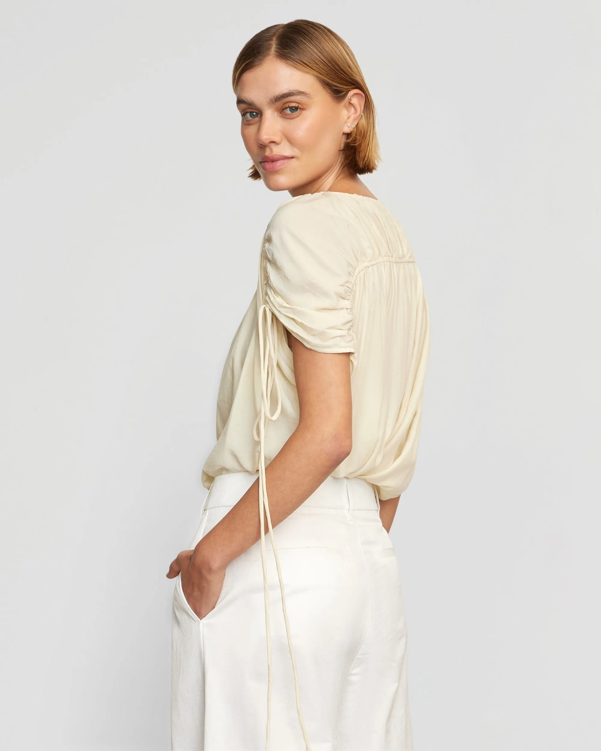 Akari Semi-Sheer Gathered-Shoulder Blouse