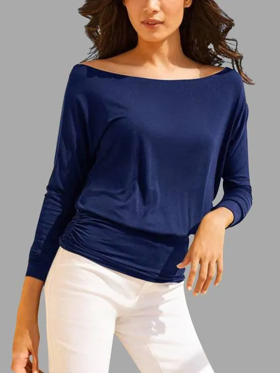 Bateau Plain Pleated Long Sleeve Navy T-Shirts