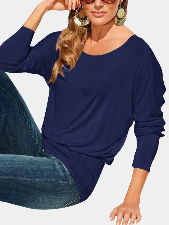 Bateau Plain Pleated Long Sleeve Navy T-Shirts