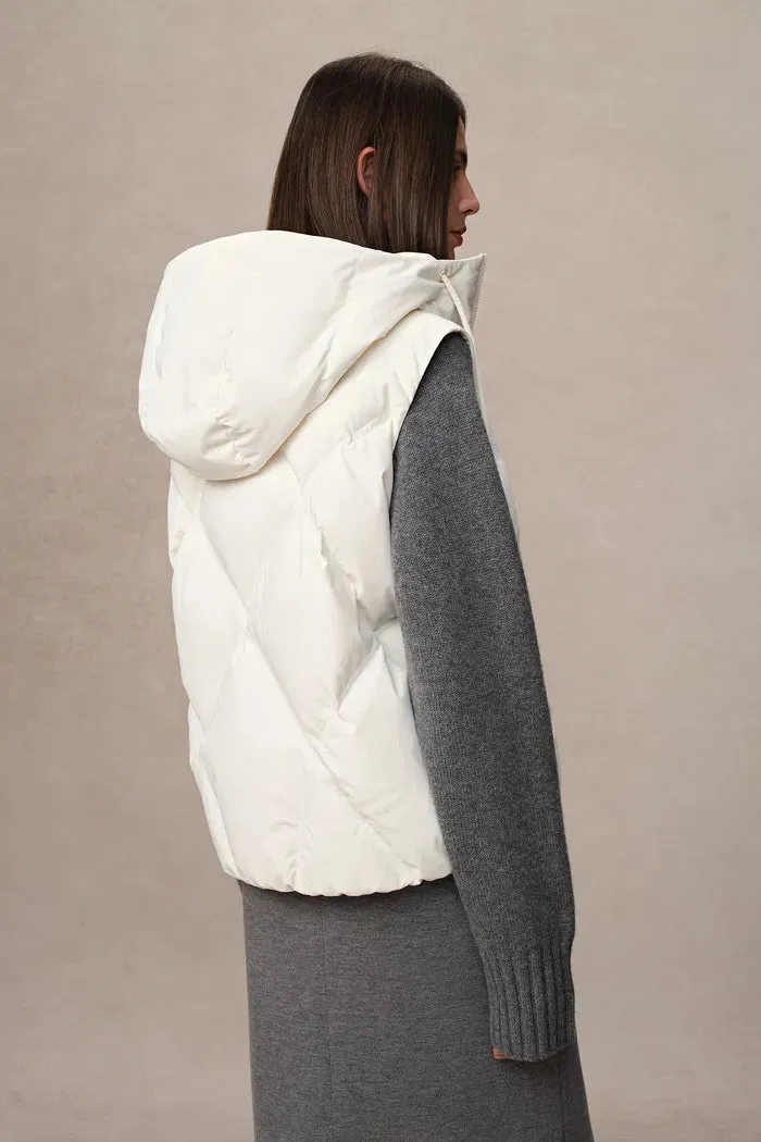 Bessy White Goose Down Hooded Vest