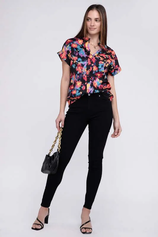 Black Bold Floral Print Notch Neck Top Blouse