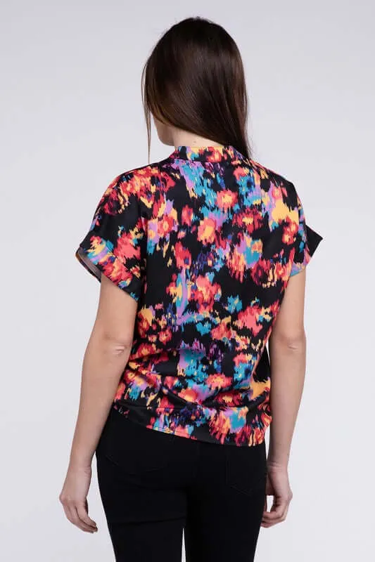 Black Bold Floral Print Notch Neck Top Blouse