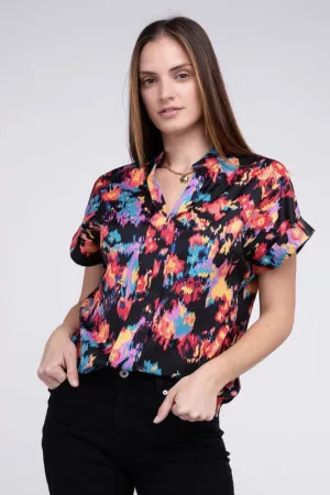 Black Bold Floral Print Notch Neck Top Blouse