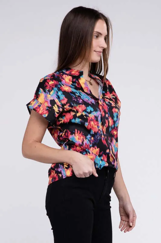 Black Bold Floral Print Notch Neck Top Blouse