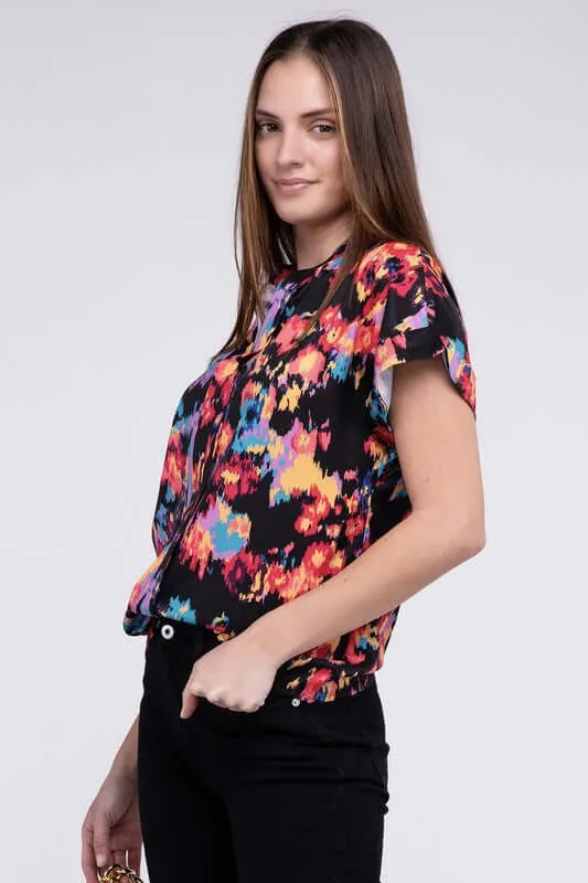 Black Bold Floral Print Notch Neck Top Blouse