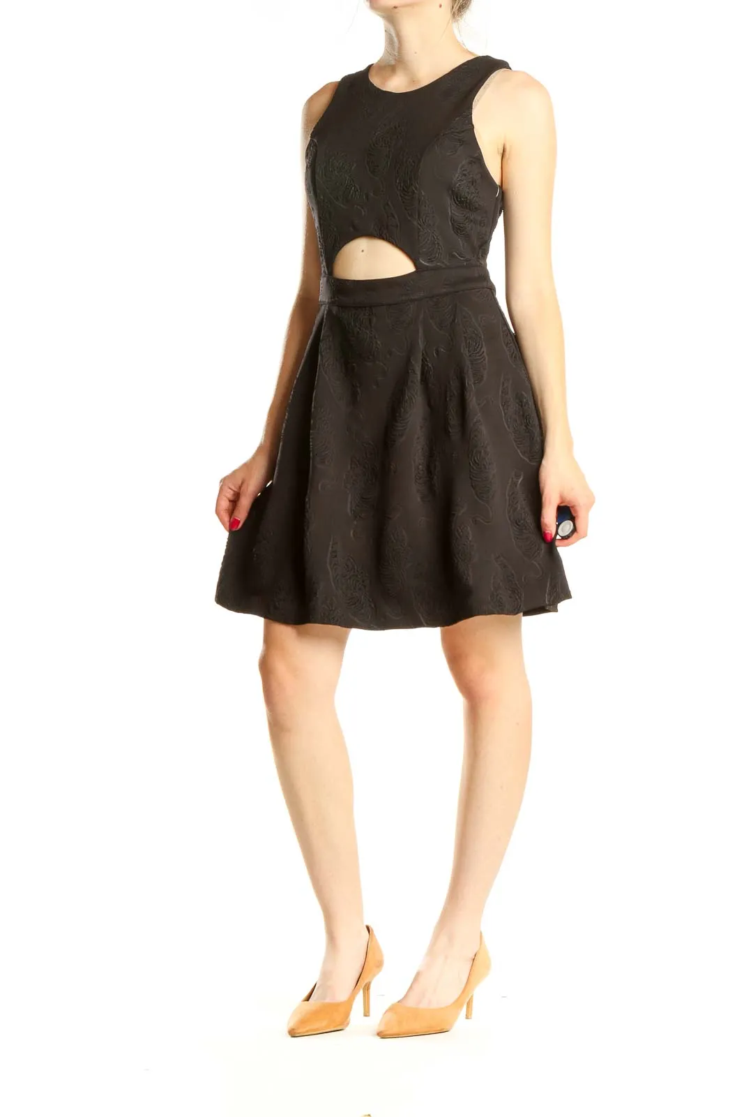 Black Embossed Cocktail Fit & Flare Dress With Cutout