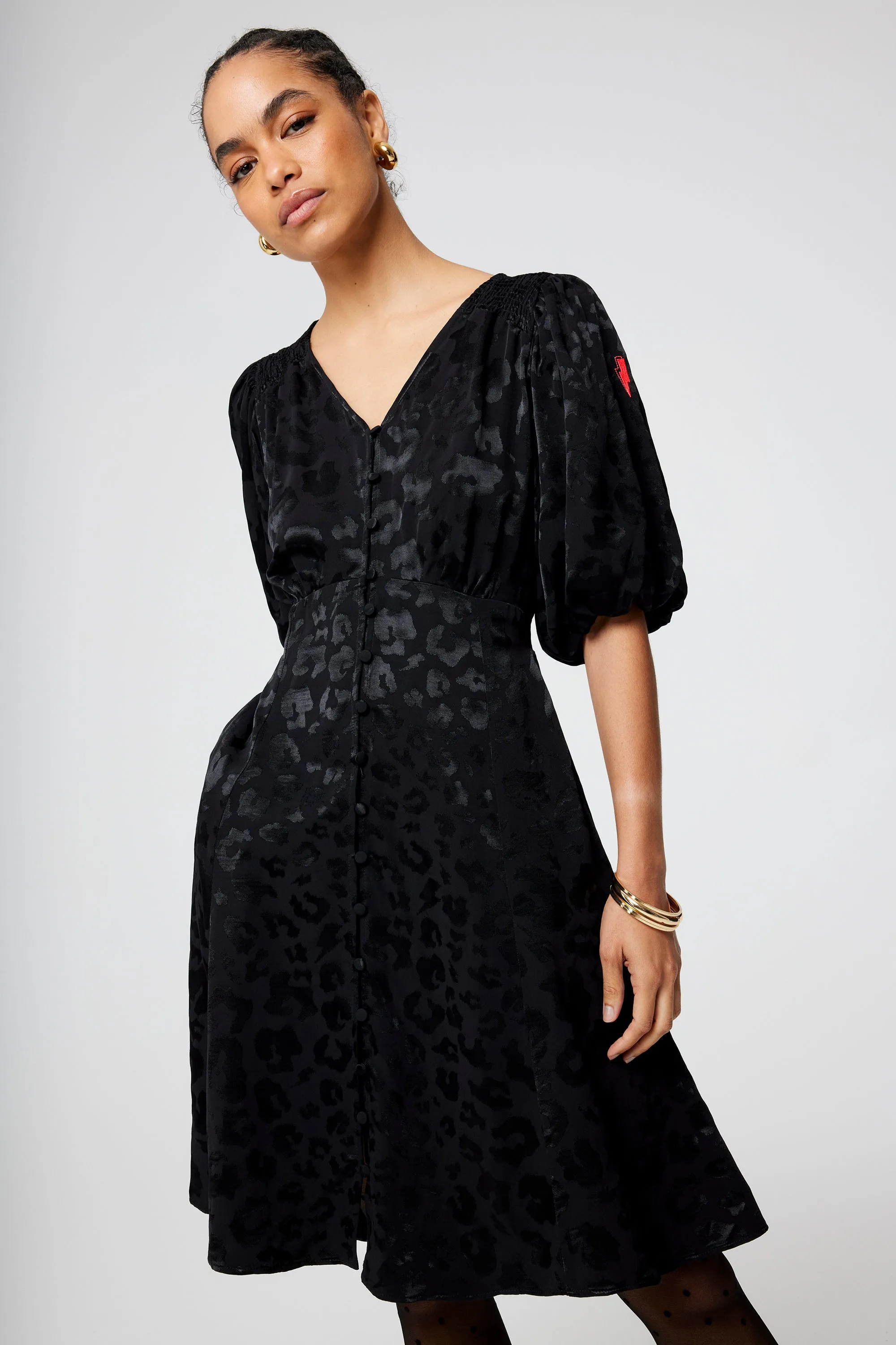 Black Jacquard Leopard Puff Sleeve Short Tea Dress