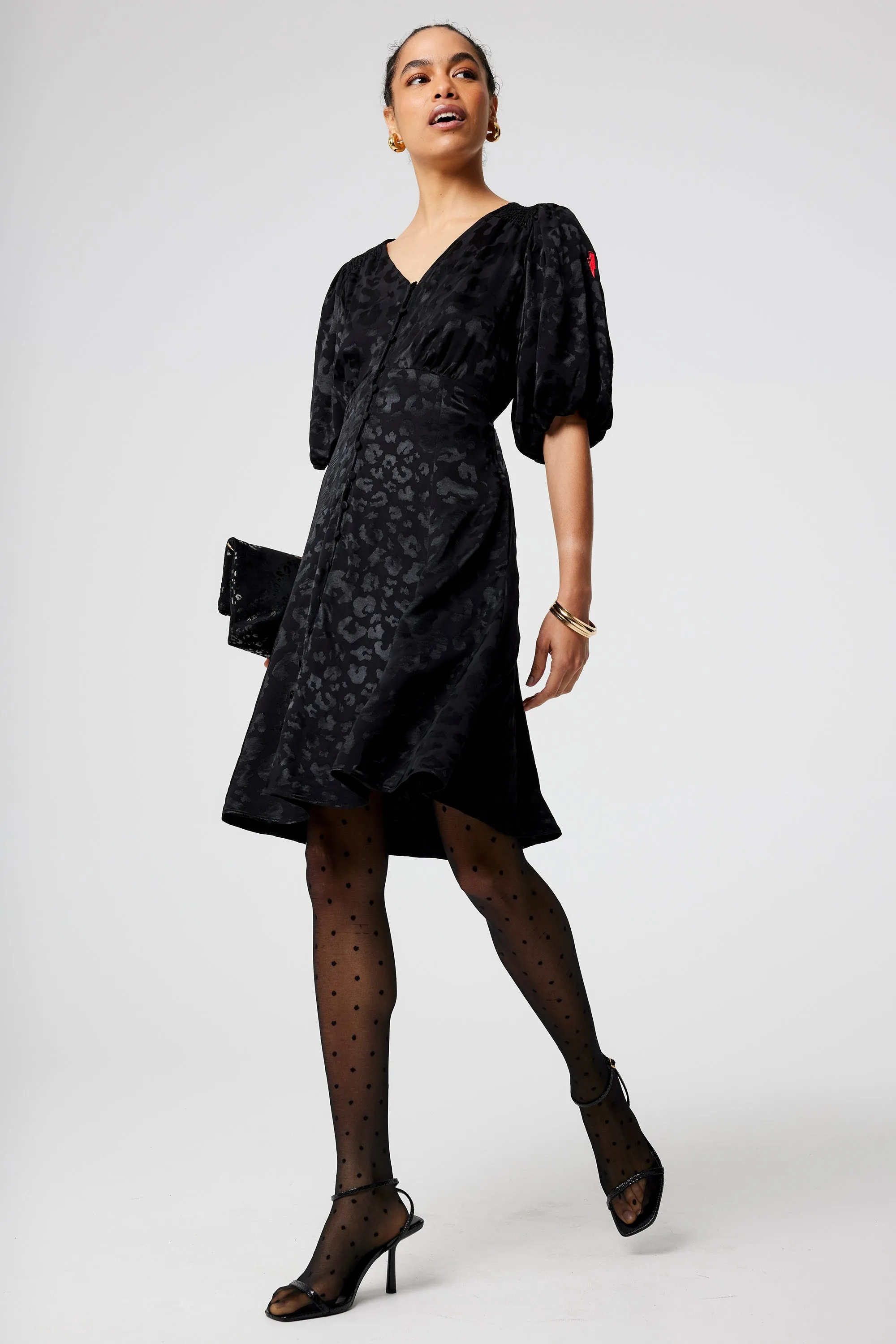 Black Jacquard Leopard Puff Sleeve Short Tea Dress