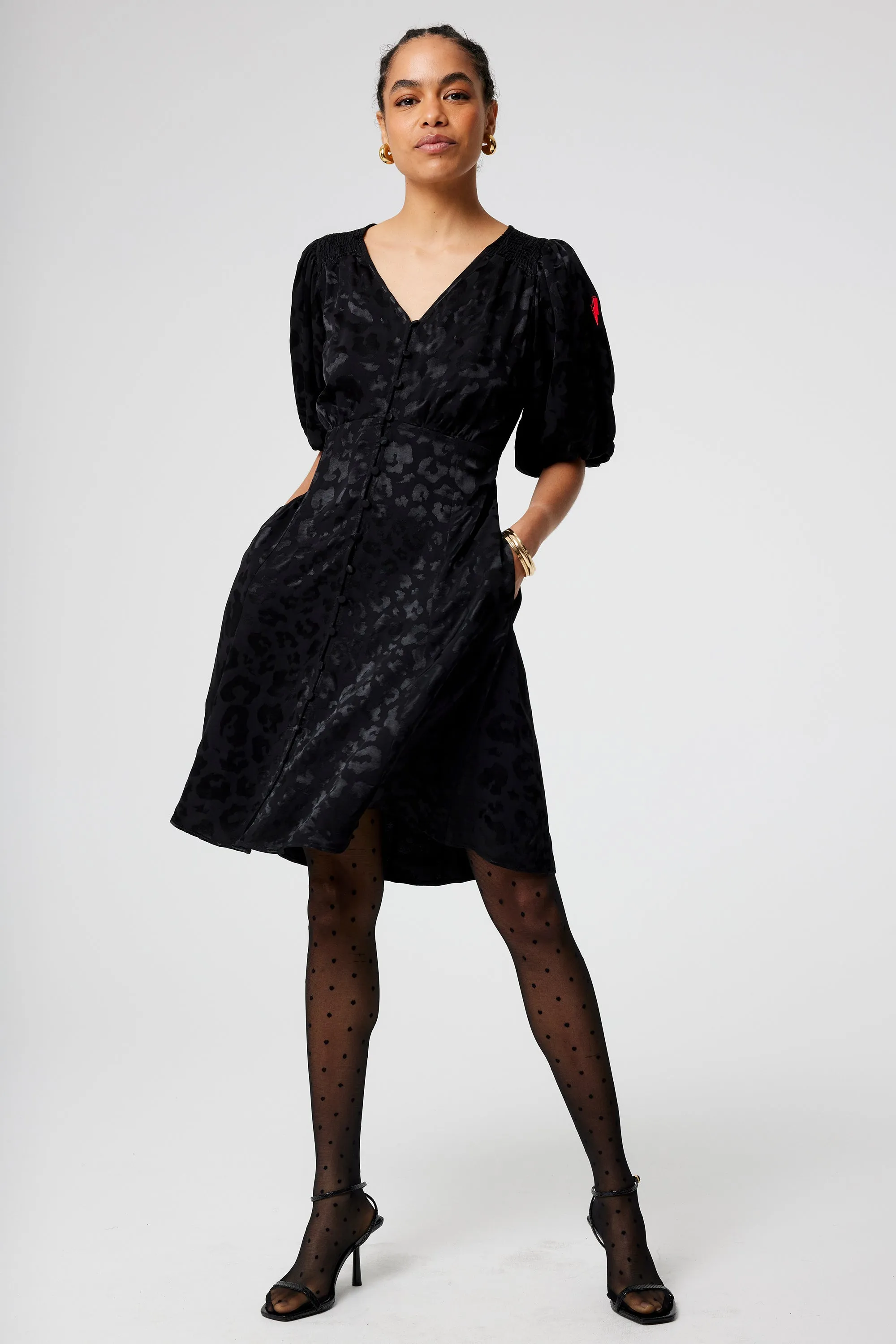 Black Jacquard Leopard Puff Sleeve Short Tea Dress