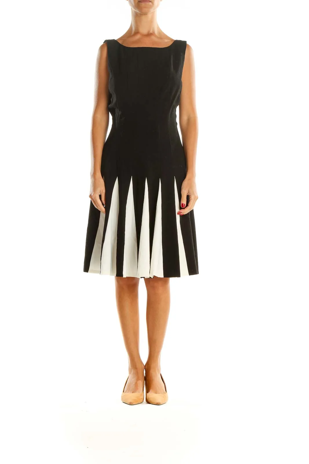 Black White Pleated Work Fit & Flare Dress