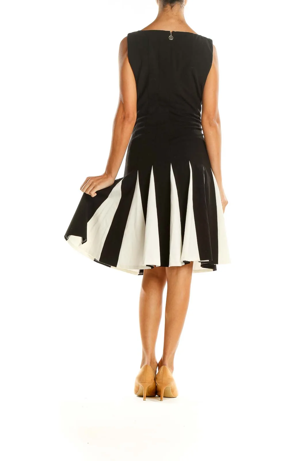 Black White Pleated Work Fit & Flare Dress