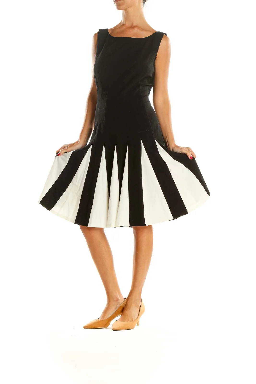 Black White Pleated Work Fit & Flare Dress