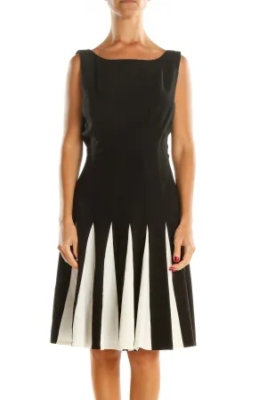 Black White Pleated Work Fit & Flare Dress