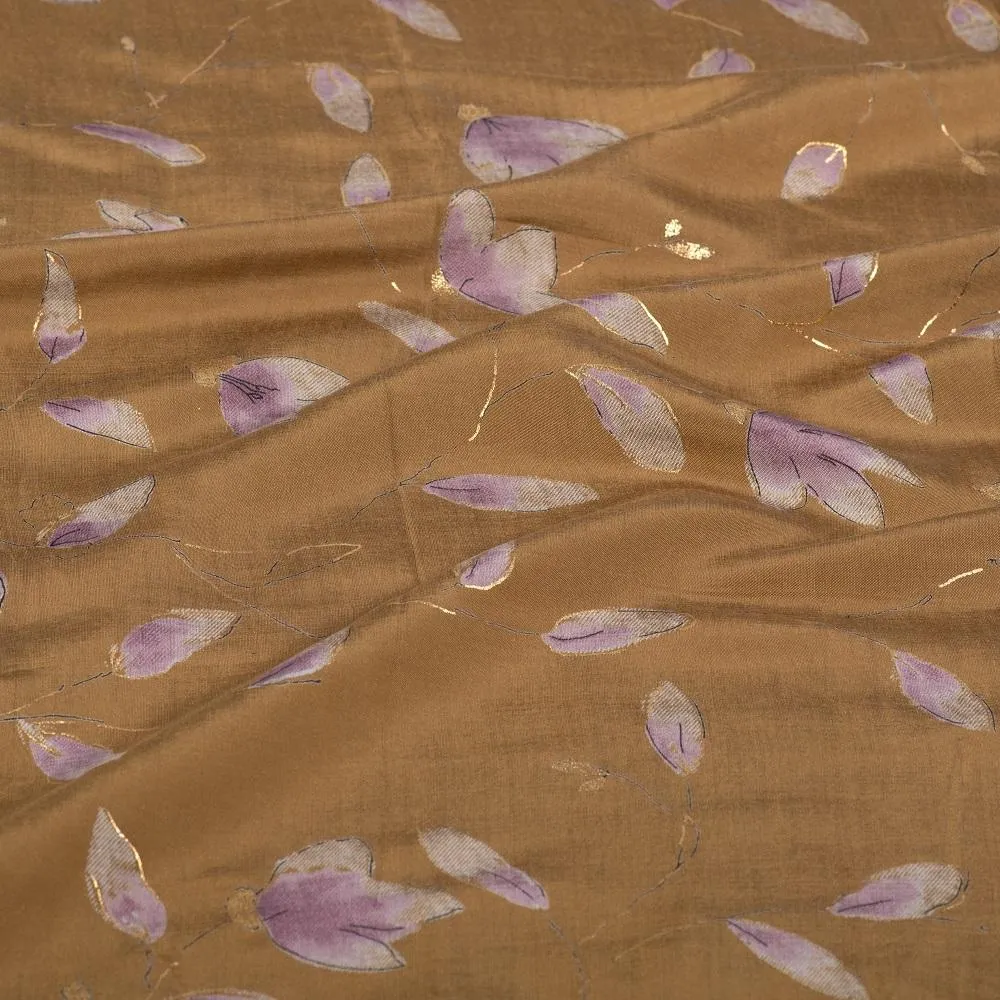 Brown Purple Floral Printed Modal Silk Cotton Fabric