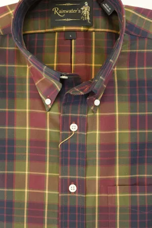 Burgundy Navy & Gold Plaid Wrinkle Free Button Down Sport Shirt by Rainwater's