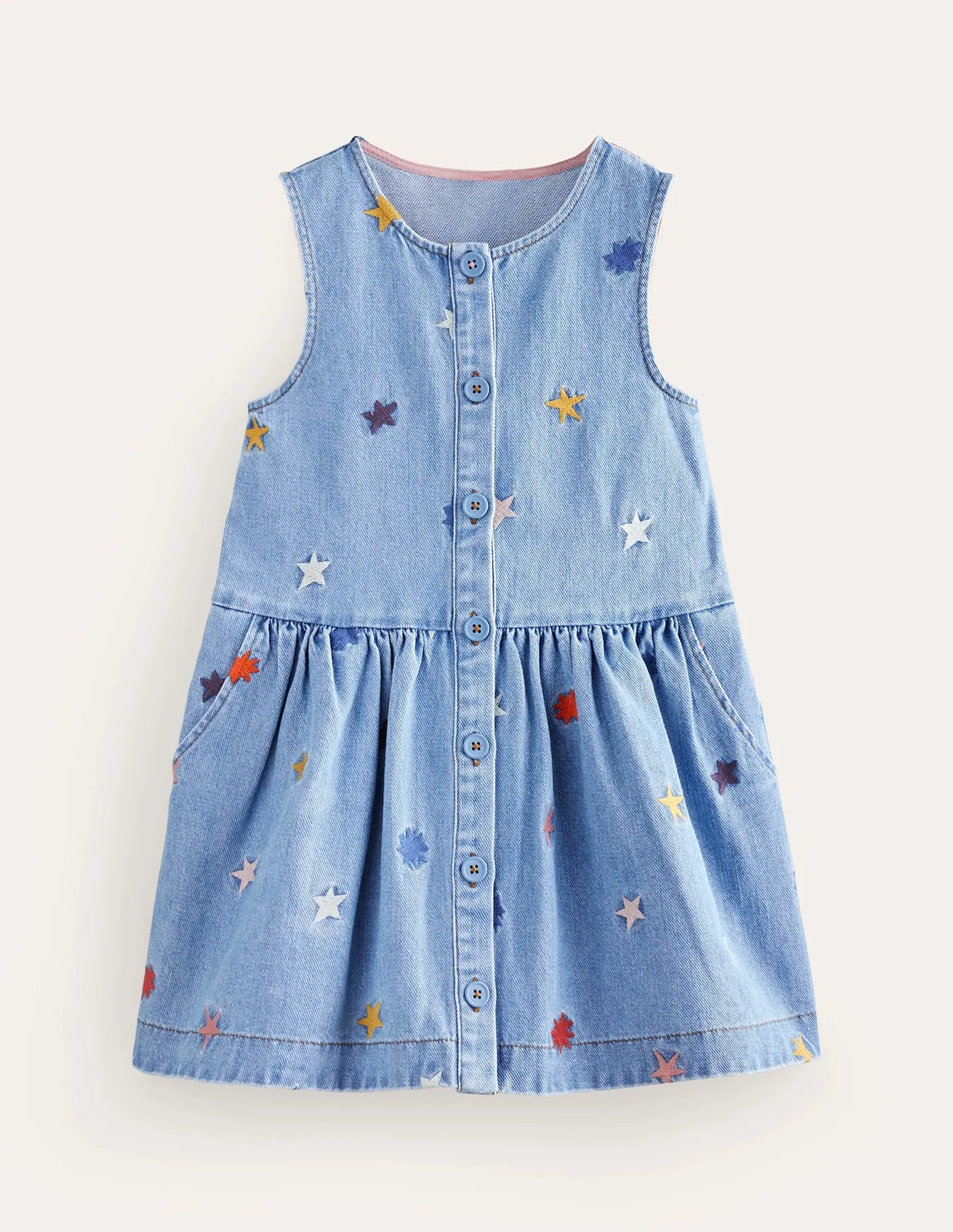 Button Pinafore Dress-Multi Star Embroidery