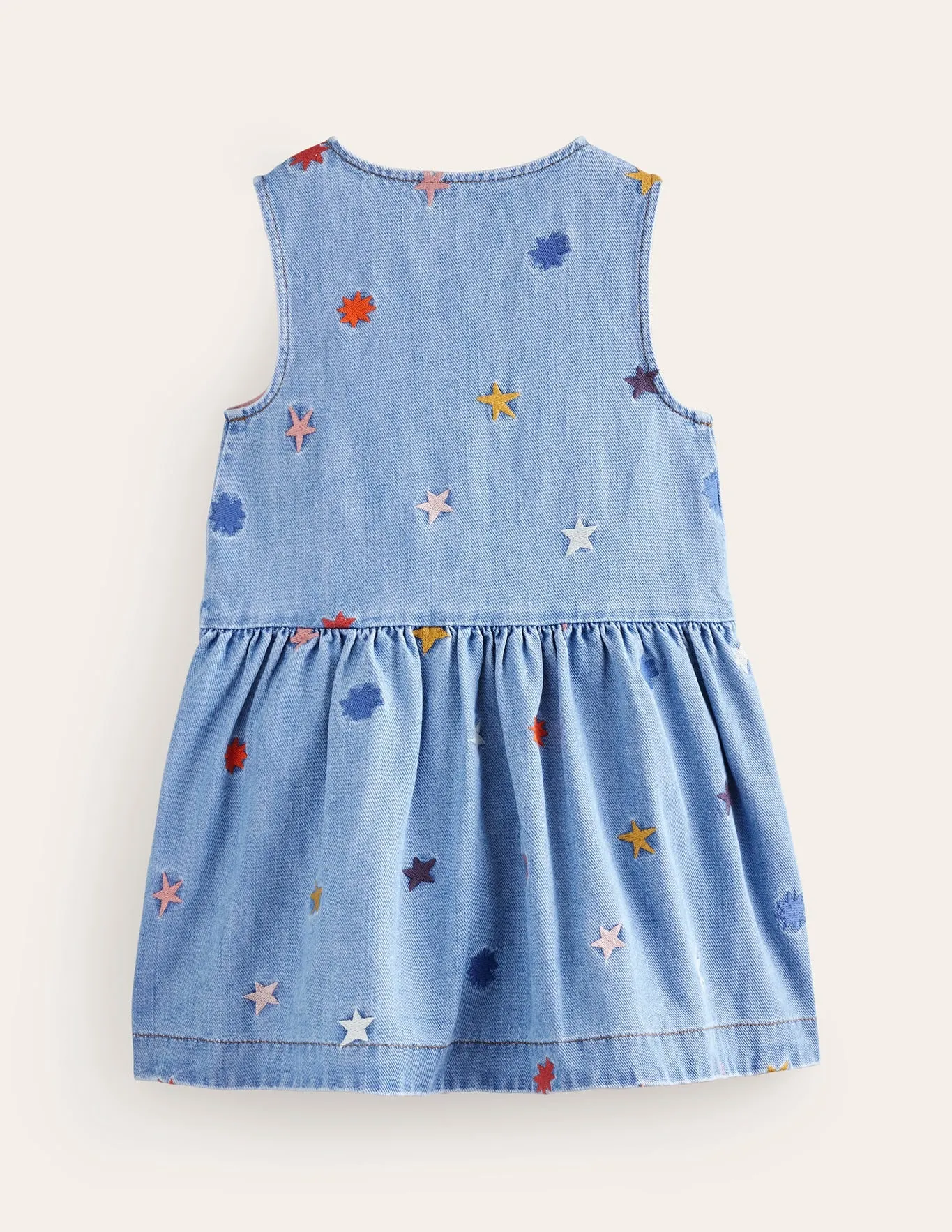 Button Pinafore Dress-Multi Star Embroidery