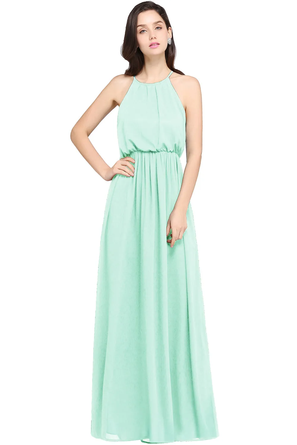 Casual Long A Line Halter Chiffon Floor Length Bridesmaid Dress