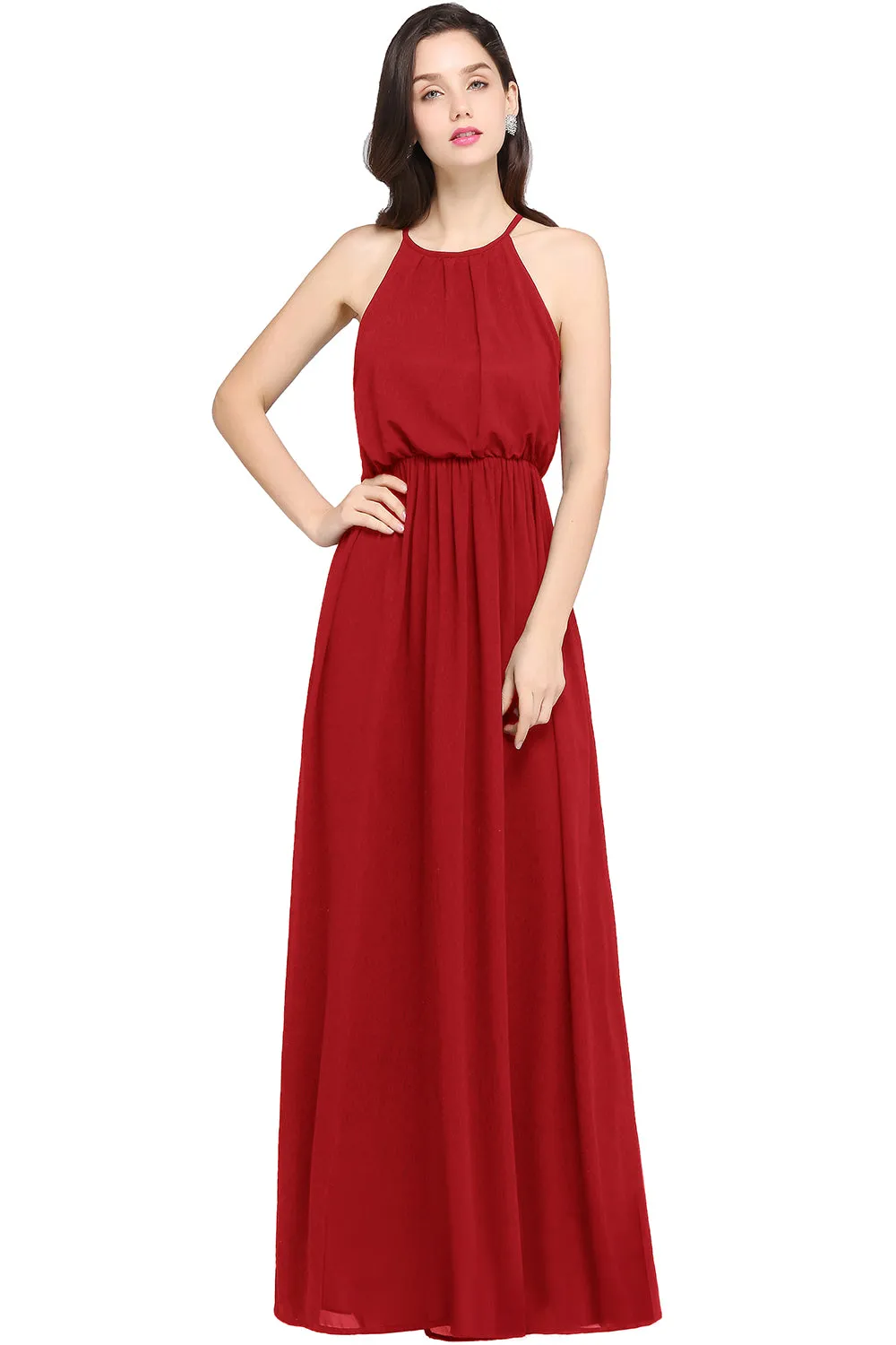 Casual Long A Line Halter Chiffon Floor Length Bridesmaid Dress