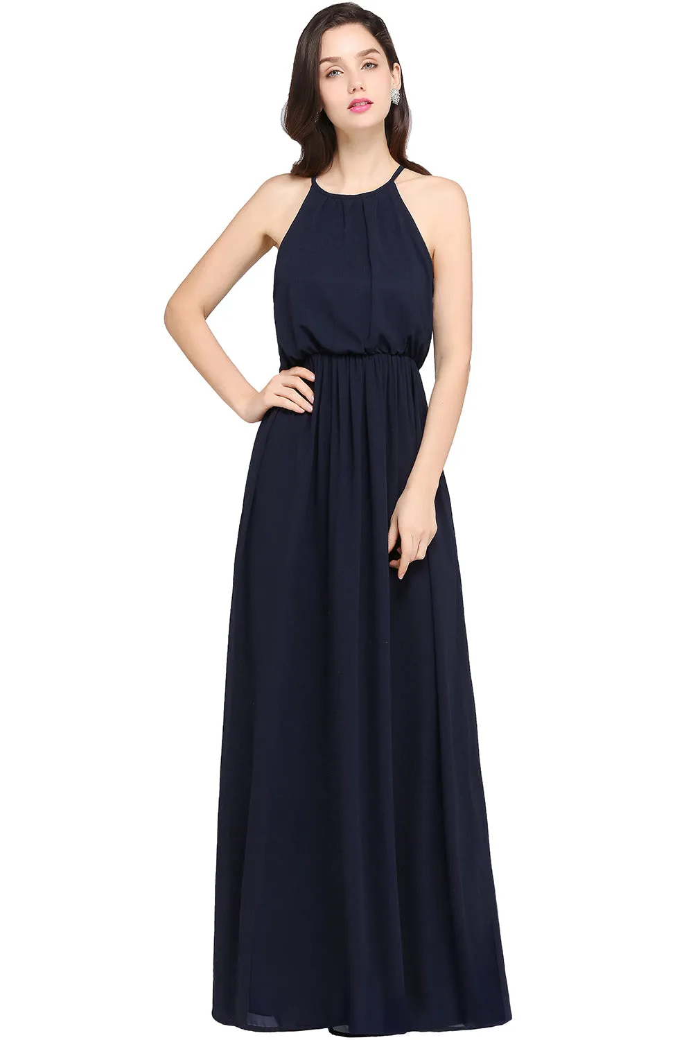 Casual Long A Line Halter Chiffon Floor Length Bridesmaid Dress