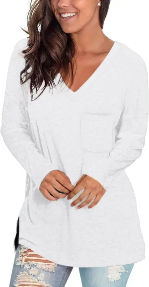 Casual Tops for Women Long Sleeve White Shirts V Neck Fall Blouses Medium