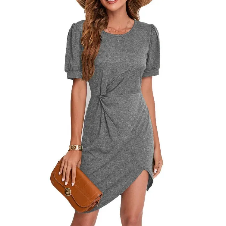 Chic Women's Slim Fit Twisted A-Line Dress - Short Sleeve Casual Round Neck for Spring/Summer