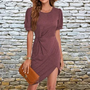 Chic Women's Slim Fit Twisted A-Line Dress - Short Sleeve Casual Round Neck for Spring/Summer