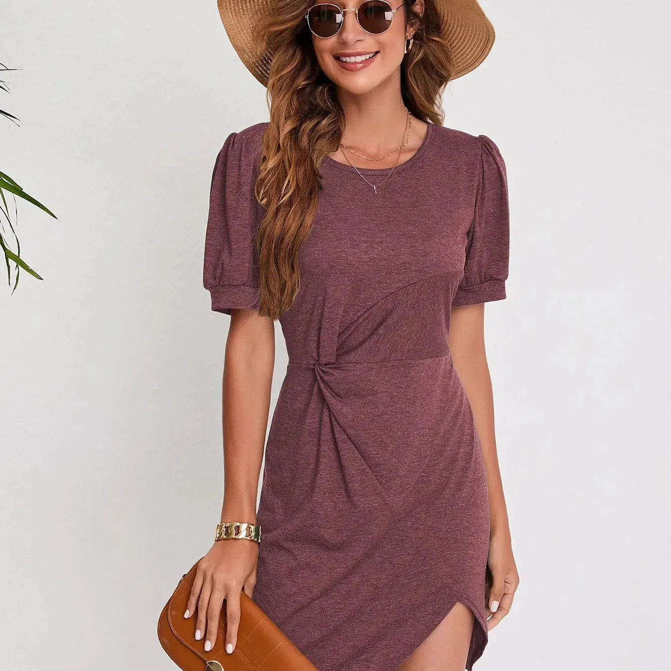 Chic Women's Slim Fit Twisted A-Line Dress - Short Sleeve Casual Round Neck for Spring/Summer