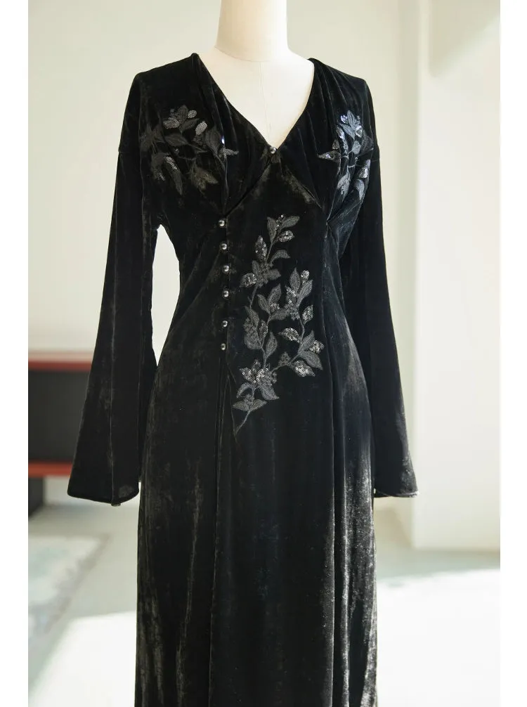 Ci Xiu 刺绣 Osmanthus Embroidery New Chinese Style Velvet Midi Dress