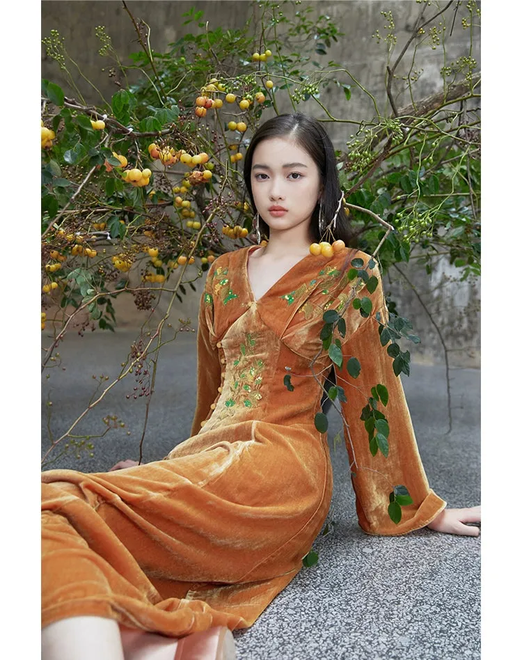 Ci Xiu 刺绣 Osmanthus Embroidery New Chinese Style Velvet Midi Dress