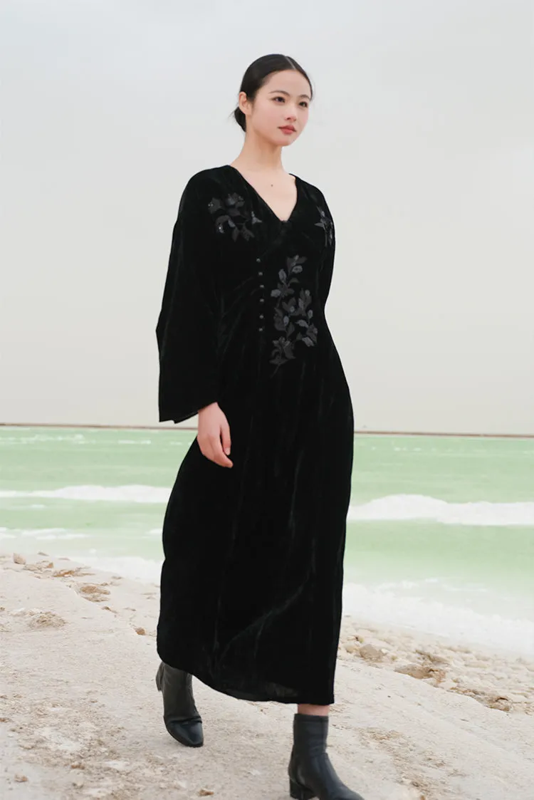 Ci Xiu 刺绣 Osmanthus Embroidery New Chinese Style Velvet Midi Dress