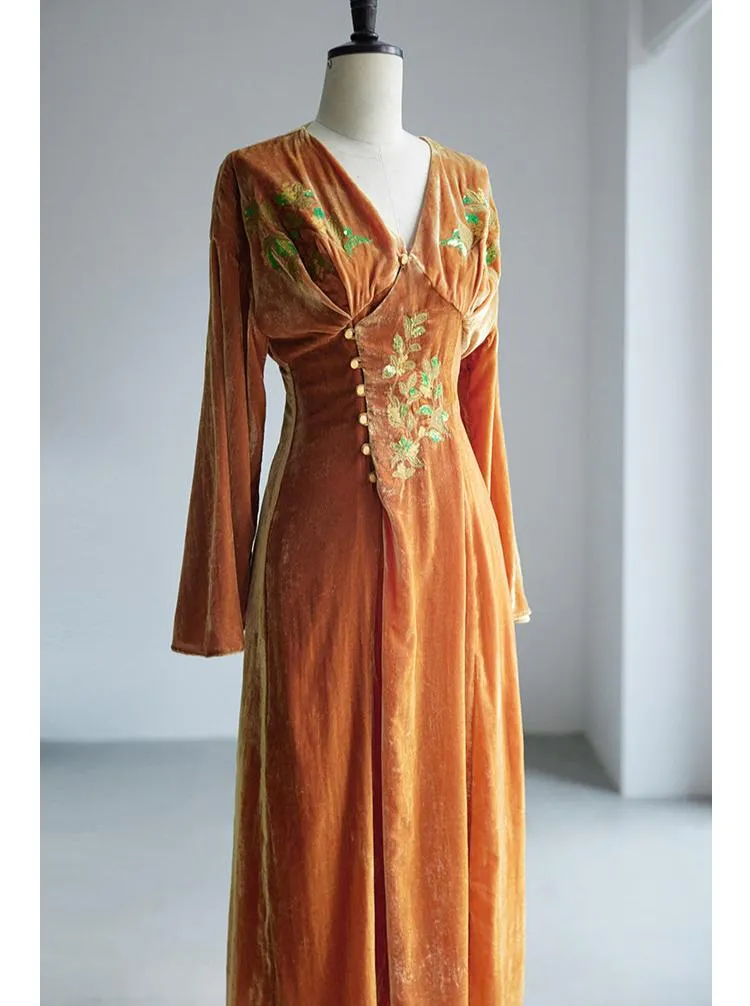 Ci Xiu 刺绣 Osmanthus Embroidery New Chinese Style Velvet Midi Dress