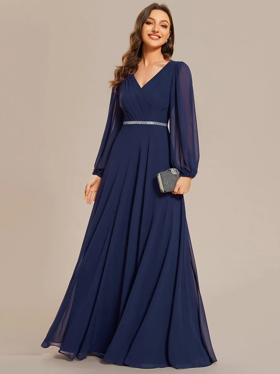 Clara | Pleated Double V-Neck Long Sleeves Shiny Belt Chiffon Evening Dress