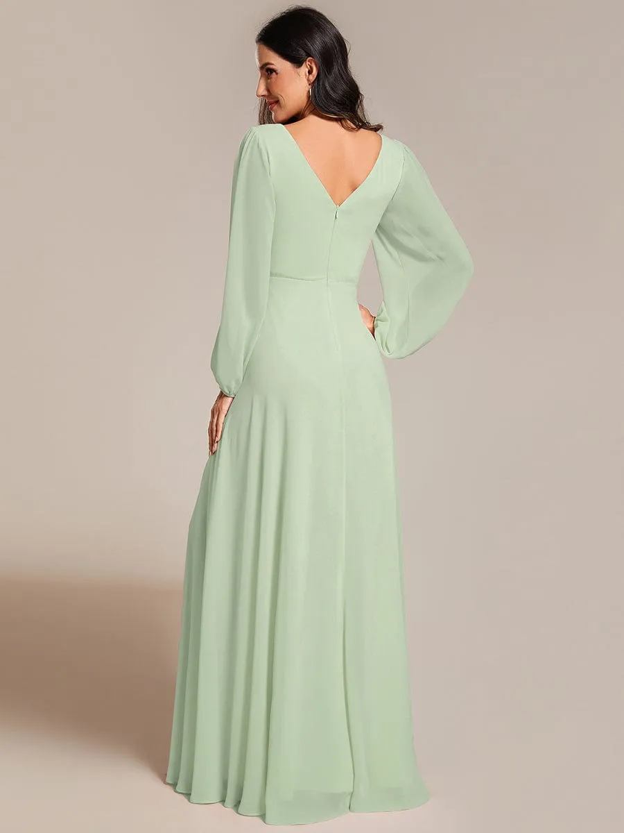 Clara | Pleated Double V-Neck Long Sleeves Shiny Belt Chiffon Evening Dress