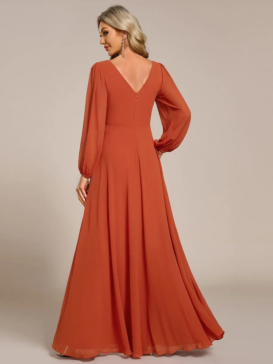 Clara | Pleated Double V-Neck Long Sleeves Shiny Belt Chiffon Evening Dress