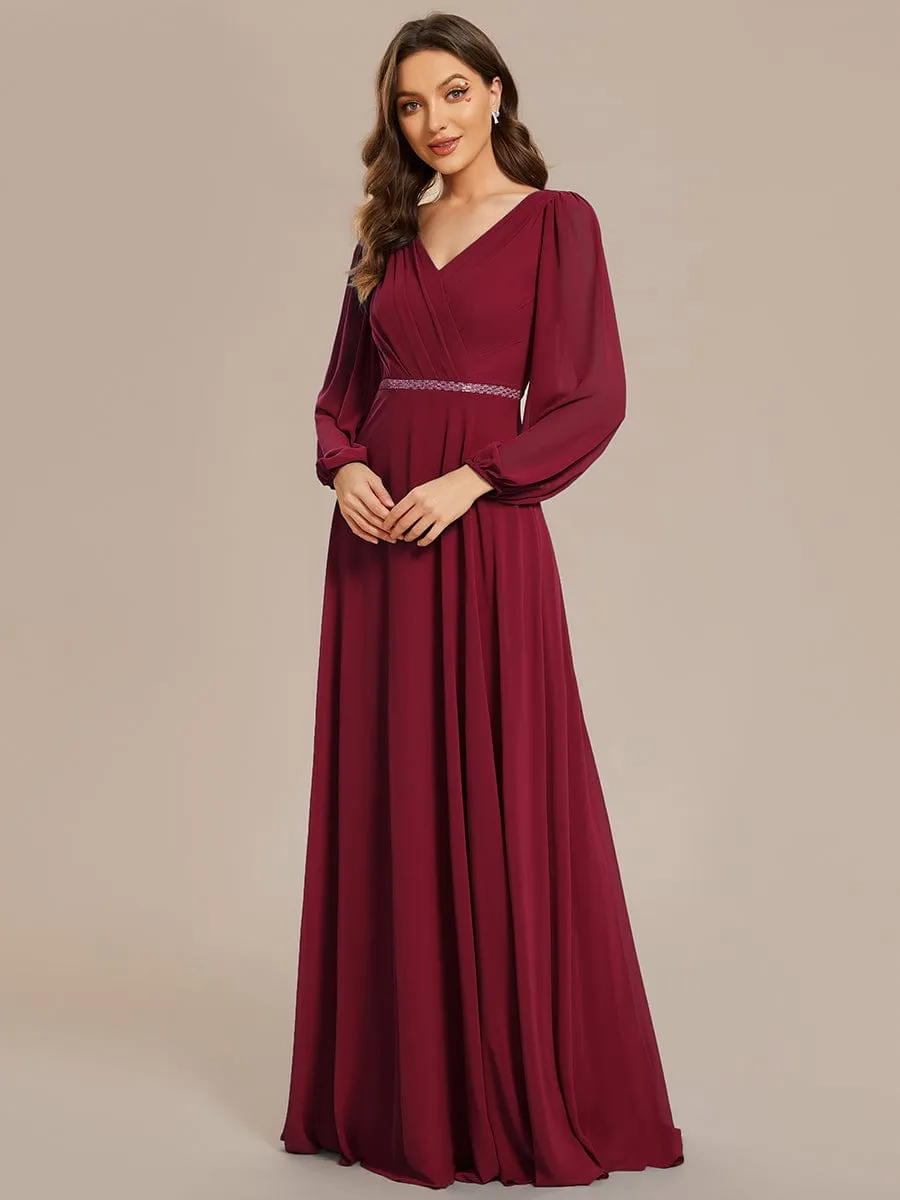 Clara | Pleated Double V-Neck Long Sleeves Shiny Belt Chiffon Evening Dress