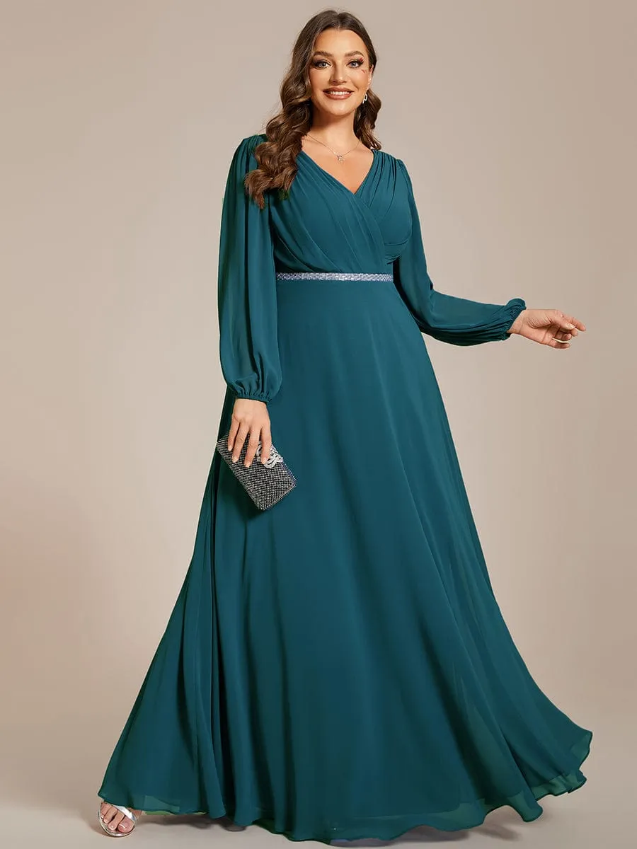 Clara | Pleated Double V-Neck Long Sleeves Shiny Belt Chiffon Evening Dress