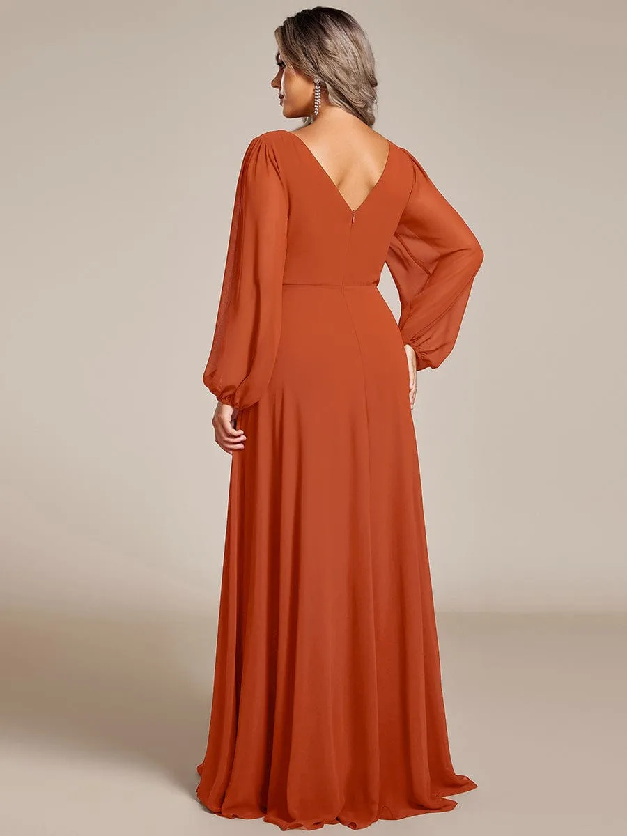 Clara | Pleated Double V-Neck Long Sleeves Shiny Belt Chiffon Evening Dress